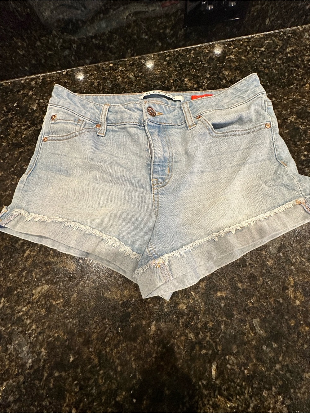 #316 Celebrity Pink Washed Light Blue Frayed Hem Denim Shorts